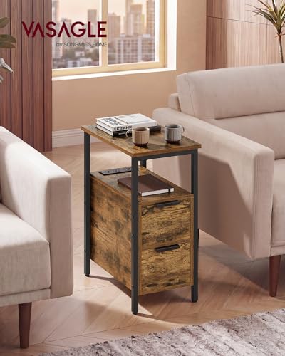 VASAGLE Side End Table with Charging Station, Slim Nightstand with 2 Drawers, Narrow Bedside Table for Living Room, Small Spaces, 18.9 x 11.8 x 24 Inches, Rustic Brown and Ink Black ULET324K101S - color: Rustic Brown + Ink Black, size: 18.9"D x 11.8"W