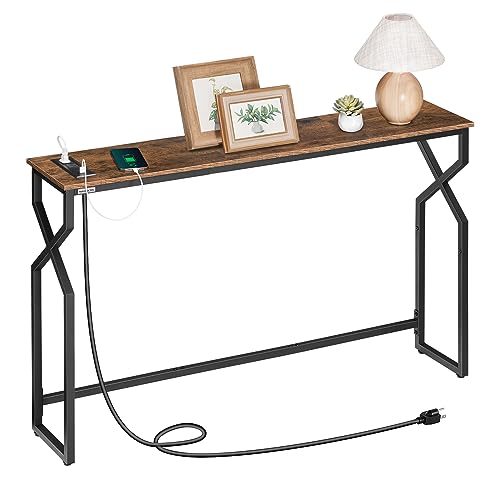 MAHANCRIS 44.9" Sofa Table, 9.4" Narrow Console Table with Charging Station, Couch Table Behind Sofa with Outlet, Entryway Table with Display Shelf, Living Room, Rustic Brown CTHR113E01 - color: Rustic Brown + Black