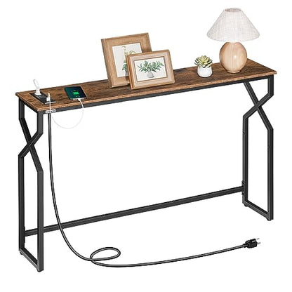 MAHANCRIS 44.9" Sofa Table, 9.4" Narrow Console Table with Charging Station, Couch Table Behind Sofa with Outlet, Entryway Table with Display Shelf, Living Room, Rustic Brown CTHR113E01 - color: Rustic Brown + Black
