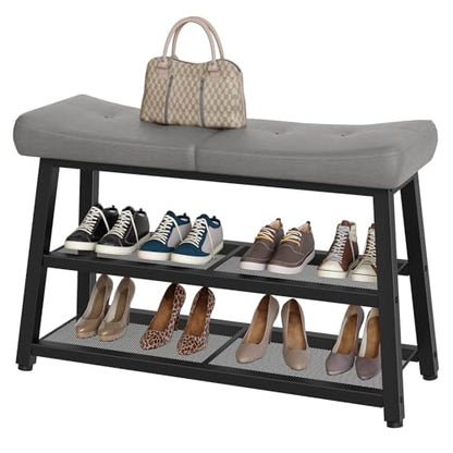 YATINEY Shoe Bench, 3-Tier Shoe Rack, Entryway Bench with Storage and Cushion, for Hallway, Foyer, Bedroom, Gray and Black HX02BG - color: Gray + Black