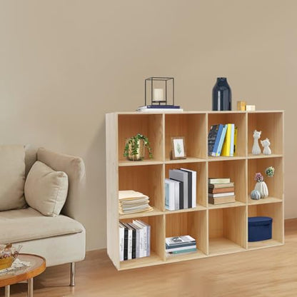 12-Cube Solid Wood Bookcase - Vertical/Horizontal Storage Organizer - 3-Tier 12-Compartment Display Cabinet & TV Stand for Living Room, Office - Easy Assembly Modern Farmhouse Style