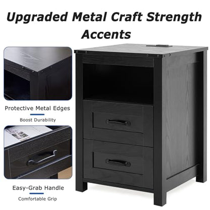 Farmhouse Night Stand Set of 2, Rustic Black Nightstand for Bedroom, End Tables with Charging Station, Bedside Table with Drawers, Wood Bedside Cabinet Dresser - color: Black, size: 2pcs with Charging