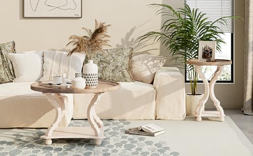 COZAYH Coffee Table - Round Farmhouse Coffee Table - Wood Tray Top, White | 32 in Diameter, 20 in Height, Lower Shelf Storage, Raised Edge, Curved Legs, MDF Construction, 50 lb Capacity - size: 1-Pack Coffee Table