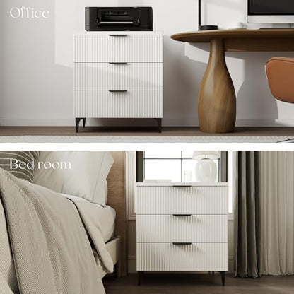 25.6" W Fluted Nightstand with 3 Drawer, Modern Wood Night Stands | Bedside Table for Bedroom King/Queen Bed, End Table with Robot-friendly Legs for Living Room,Entry - color: 3 Drawers-1pcs-white