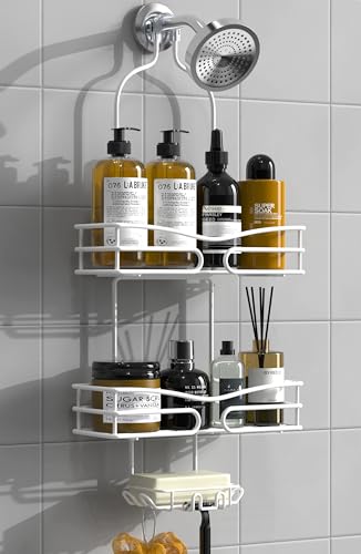 DAOYA Over Head Shower Caddy - Bathroom Shower Organizer with Soap Holder & 6 Hooks for Towels, White, 76L Capacity, Hanging Mount, Rust Resistant - color: White