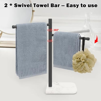 Standing Hand Towel Holder, Hand Towel Stand with Marble Base, 304 Stainless Steel Towel Rack with 2 Swivel Arm, Countertop Stand Towel Ring Towel Bar for Bathroom (Matte Black) - color: Matte Black
