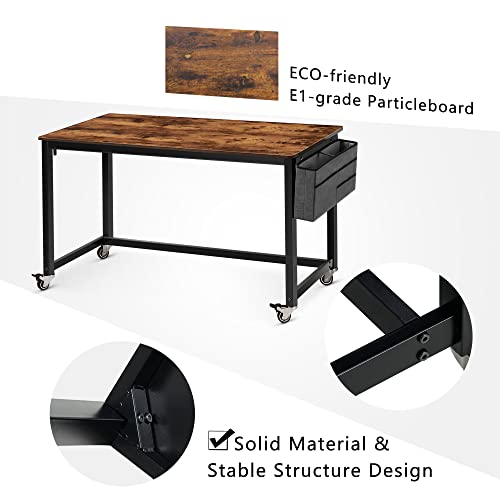 AHB 55" Rolling Computer Desk with 4 Smooth Wheels, Simple Style Mobile Writing Desk Home Office Study Table Movable Workstation with Metal Frame - color: Brown, size: 55"