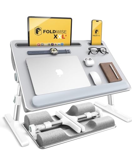 FoldWise 2-in-1 Lap & Bed Desk with Soft Cushions - Adjustable Height & Angle, Foldable Laptop Stand for Bed & Couch - Wrist Rest, iPad Holder, Stopper & Non-Slip Leather - Bed Table for Adults & Kids - color: White(grey)