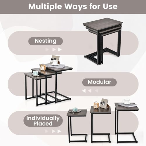 Tangkula Nesting Table Set of 3, Rectangle Stacking Side End Table w/Wood Top & Metal Legs, Adjustable Foot Pads, C-Shaped Accent Coffee Tables for Small Spaces, Living Room (C-Shaped, Gray, 3-pc) - color: Grey