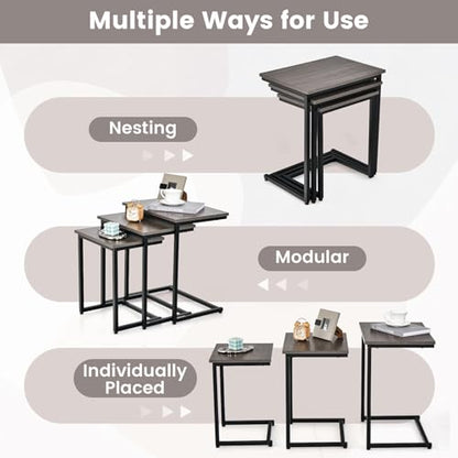 Tangkula Nesting Table Set of 3, Rectangle Stacking Side End Table w/Wood Top & Metal Legs, Adjustable Foot Pads, C-Shaped Accent Coffee Tables for Small Spaces, Living Room (C-Shaped, Gray, 3-pc) - color: Grey