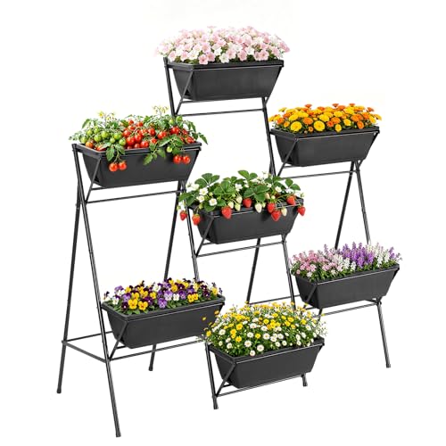 5-Tier Vertical Garden Planter with 7 Plant Boxes & Drainage Trays | Metal Freestanding Raised Bed for Herbs Flowers Vegetables, Indoor Outdoor for Patio Balcony Deck, Black - color: Black, size: 5-Tier