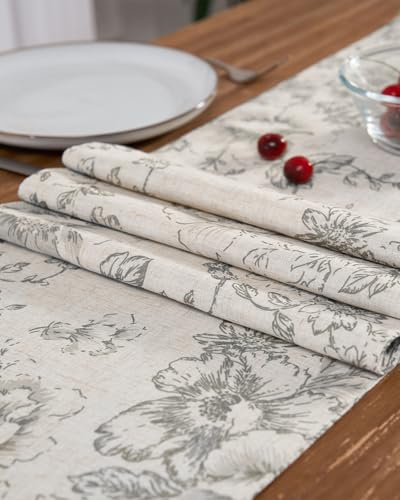 jinchan Grey Floral Linen Table Runner 13 x 90 Inch Farmhouse | Neutral botanical details bring warmth to family dinners, celebrations and everyday dining spaces. - color: Peony | Grey on Linen, size: 90" x 13" (Rectangular)