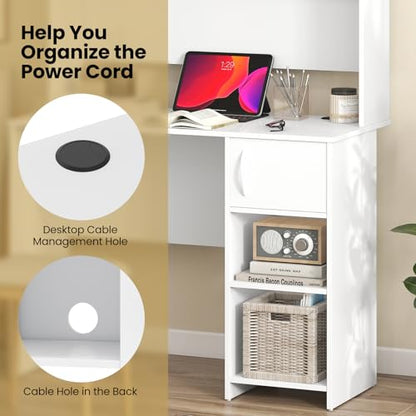 Giantex White Desk with Hutch, Small Computer Desk with Bookshelf & Adjustable Shelf, 2 Cable Holes, Modern Laptop PC Computer Workstation, Study Writing Desk for Small Spaces, Bedroom, Home Office - color: White