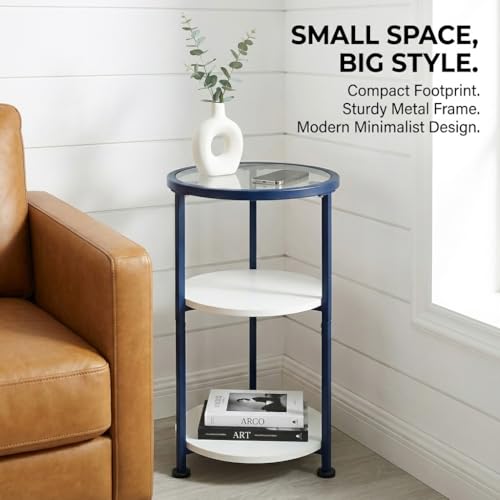 Modern 3-Tier Round Side Table with Glass Top, Small End Table for Small Spaces, 22" High Bedside Table with White Shelves and Navy Blue Frame, Stylish Metal Nightstand for Living Room Bedroom - color: White + Navy Blue