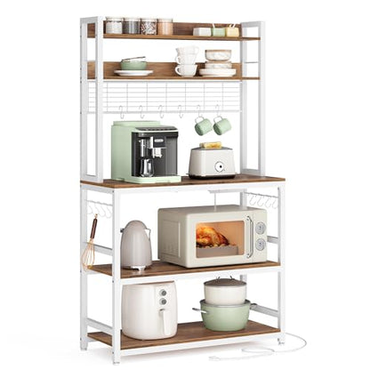 VASAGLE Bakers Rack with Power Outlet, Microwave Stand, Kitchen Tall Utility Storage Shelf, with Metal Wire Panel, 14 Hooks, 15.7 x 31.5 x 66.9 Inches, Rustic Walnut and Cloud White UKKS025W41 - color: Rustic Walnut + Cloud White, size: 31.5"W