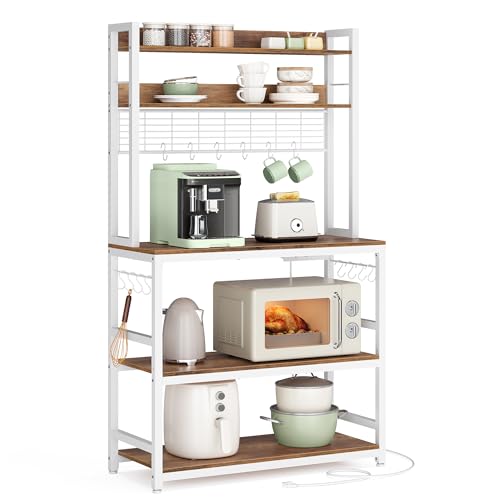 VASAGLE Bakers Rack with Power Outlet, Microwave Stand, Kitchen Tall Utility Storage Shelf, with Metal Wire Panel, 14 Hooks, 15.7 x 31.5 x 66.9 Inches, Rustic Walnut and Cloud White UKKS025W41 - color: Rustic Walnut + Cloud White, size: 31.5"W