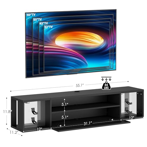 sogesfurniture 55'' Floating TV Stand Wall Mounted with Lights, Floating Entertainment Center with Lights, Modern Media Console with Storage, Wall Mounted LED TV Stand for Living Room, Black - size: 55"-Black