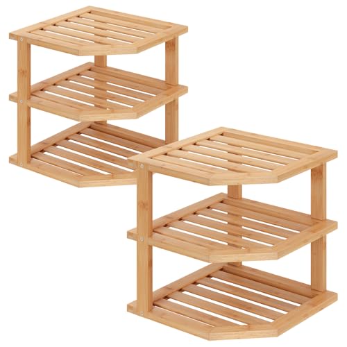 VERTORGAN 3 Tier Bamboo Corner Shelf(2 Pack),Plate Organizer,Dish Drying Rack,Kitchen Spice Rack for Countertop and Cabinet - color: Natural, size: 2 PC