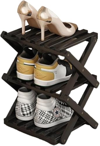 YYW Bamboo Shoe Rack for Entryway, Free Free Standing Shoe Racks Shelf Closet, Foldable Vertical Shoe Storage Organizer for Living Room - color: Black-3 Layers