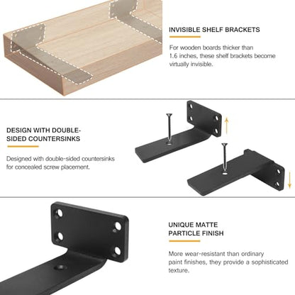 HITOMEN Heavy Duty Floating Shelf Brackets, 5-Inch (1/5'' Thick) Hidden Shelves Hardware, Iron L Brackets, Rustic Industrial Black Metal Wall Shelving Supports, 8 Pack - size: 5 Inch, style: 8 Pack