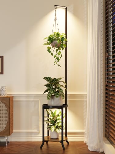 iDavosic.ly 2 Tier Hanging Plant Stand with Grow Lights Indoor, Tall Vertical Corner Metal Flower Heavy Duty Pot Holder Shelf for Patio Porch Living Room, Modern Black & Rustic Brown - color: Black with 2 Hanging Lights, size: 2 Tiers