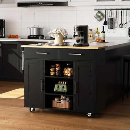 Shintenchi Kitchen Storage Island Cart with 3 Open Shelves, 2 Drawers and 2 Cabinets, Kitchen Cart on Wheels with Handle/Towel Rack, Black - color: Yellow