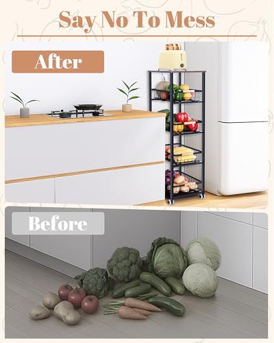 Mythinglogic 5-Tier Rolling Fruit Vegetable Storage Cart with Pull-Out Baskets, Metal Kitchen Organizer, Heavy Duty Utility Rack with Wheels for Pantry, Living Room, Kitchen - size: 15.74"D x 11.81"W x 42.51"H