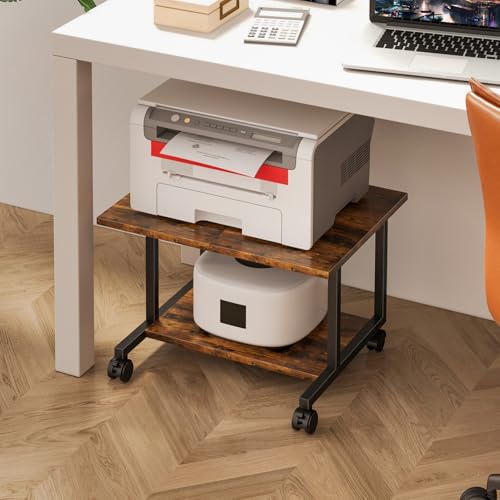 Livofloral Under Desk Printer Stand with Storage Shelf, 2-Tier Industrial Mobile Printer Table for Home and Office, Printer Stand with Wheels,Rustic Brown - color: Brown