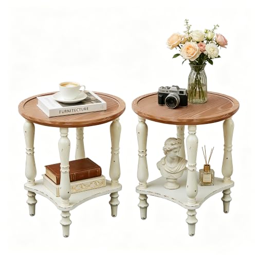 BERRYMERRY 18.5" 2-Tier French Country End Table with Tray Top Set of 2, White Round Side Table for Living Room Small Spaces, No Tool Assembly - color: Tray Top 2pcs