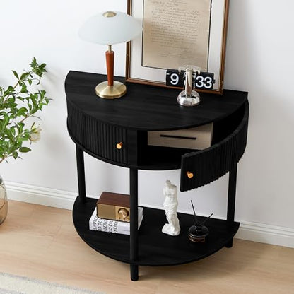 XUZENEST Fluted Half Moon Console Table, Modern Small Entry Table Sofa Table with Storage, Solid Wood Legs Narrow Entryway Table for Living Room, Hallway, Foyer(Black) - color: 31.5 Black
