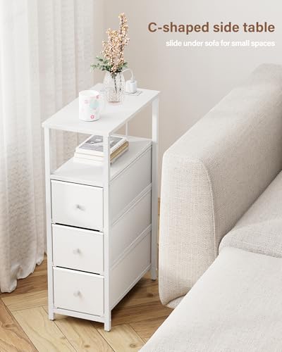 TUTOTAK Narrow Night Stand with Charging Station, Slim End Table | Tall Side Table with 3 Fabric Drawer, Small Bedside Table with Storage, Living Room, Bedroom, White TB01BW086 - color: White, size: 1 Pack (3 Drawers), style: With Plug