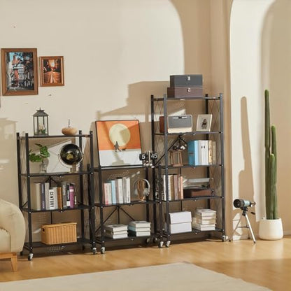 DEANIC 3 Tier Foldable Storage Shelves with Wheels, Kitchen Appliance Stand, Freestanding Metal Wire Shelf Rack, No Assembly Organizer Rolling Cart for Garage, Basement, Pantry(Black Pack of 2) - color: Black