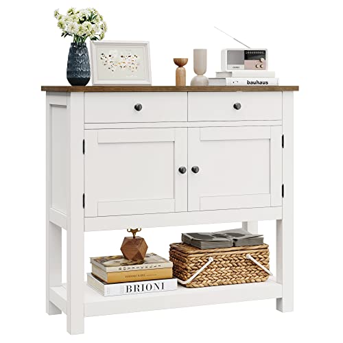HOSTACK Farmhouse Console Table with Storage, 35.4" W Entryway Table, White | Entry table with 2 Drawers & 2-Door Storage Cabinet, Sofa Buffet Table Sideboard for Kitchen, Hallway, Dining / Living room - color: White