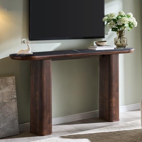 OKD 63" Modern Fluted Console Table, Narrow Entryway Table, Dark Walnut | Modern Fluted Wood Base, Curved Faux Marble-Texture Top, Entryway, Hallway, Foyer, Behind Sofa - color: Dark Walnut