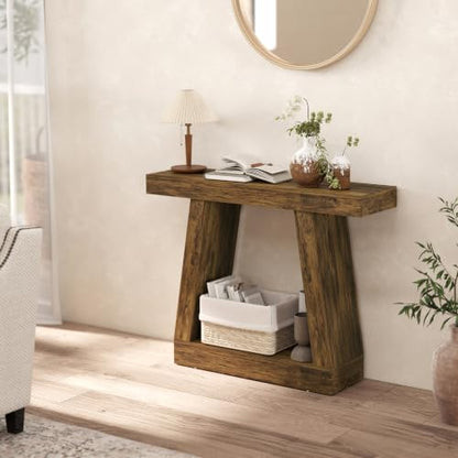 HOMCOM 41.7" Narrow Entryway Table with Thickened Tabletop, Rustic Brown | 2-Tier Farmhouse Console Table, Storage Shelf, Trapezoidal Base, Behind Couch Sofa, Living Room, Hallway, Entrance - size: 41.7" W