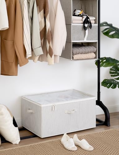 StorageWorks Shoe Organizer for Closet, Fits up to 24 Pairs, Shoe Cubby Storage Containers with Adjustable Dividers and Clear Cover, Khaki and Beige Stripes | Adjustable Dividers, Holds up to 24 Pairs, Foldable, Clear Lid, Soft Handles, Fits Boots, Sandal