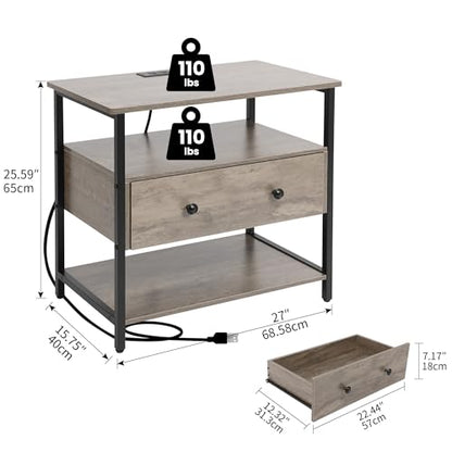 Edbuosy 27 Inch Wide Night Stand with Charging Station, Wood Nightstand with Open Shelf, Large Drawer Bedside Table for Living Room/Bedroom/Office, Rustic Gray - color: Rustic Gray, size: 27"W-1 Drawer