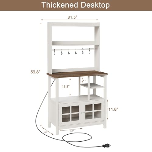 ChooChoo Farmhouse Bakers Rack with Power Outlets and Storage, Coffee Bar Cabinet with Storage, Microwave Stand Kitchen Cabinet with Hutch and 6 Hooks, Soft White & Brown - color: Soft White & Brown
