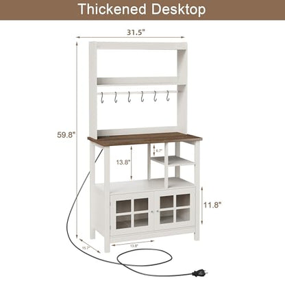 ChooChoo Farmhouse Bakers Rack with Power Outlets and Storage, Coffee Bar Cabinet with Storage, Microwave Stand Kitchen Cabinet with Hutch and 6 Hooks, Soft White & Brown - color: Soft White & Brown