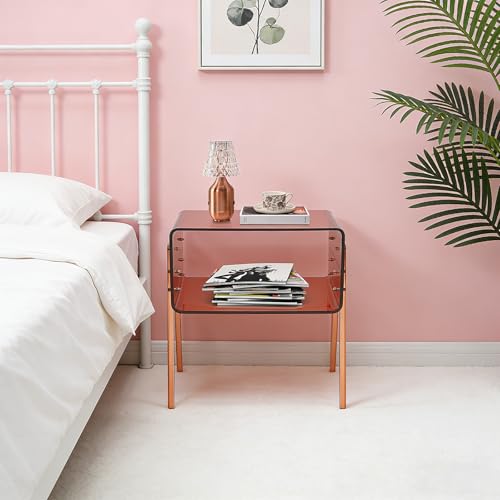 Acrylic Side Table, 2-Tier End Table with Open Storage for Small Spaces, Brown Modern Nightstand for Bedroom, Living Room, Apartment - color: Brown