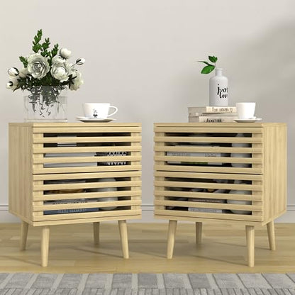 weselon Small Nightstand Set of 2, Boho End Tables with 2 Storage Hollowed-Out Drawers, Bedroom Bedside Table Storage Side Table for Bedroom Living Room (2, Natural Oak)
