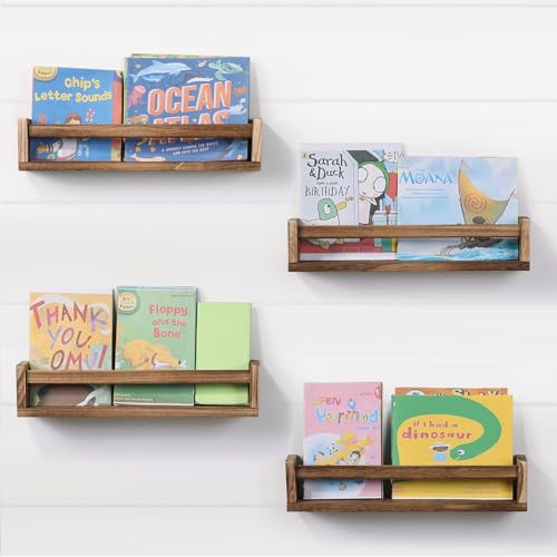 Nursery Room Shelves Set of 4, Wood Floating Book Shelves for Kids Room, Baby Book Shelf for Nursery, Kitchen Spice Rack (Carbonized) - color: Carbonized