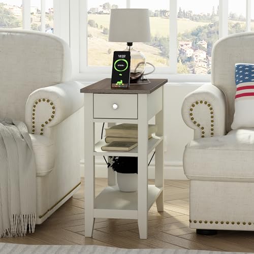 ChooChoo Farmhouse End Table with Charging Station, Narrow Side Table Living Room with USB Ports & Power Outlets and Hidden Drawer,White and Brown - color: Farmhouse White