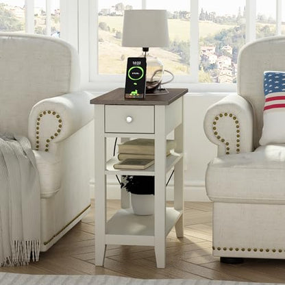ChooChoo Farmhouse End Table with Charging Station | Narrow Side Table Living Room, USB Ports & Power Outlets, Hidden Drawer, White and Brown - color: Farmhouse White