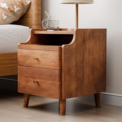 Nightstand Set of 2, Pre-Assembled, 19.7“H Solid Wood Night Stand with 2 Drawers, Open Sliding Shelf, Mid Century Modern Small Bedside Table for Bedroom, Walnut 16" - color: Walnut-2pack, size: 16"