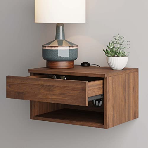 Nathan James Jackson Wall Mounted Floating Bedroom Nightstand with Storage Drawer and Modern Open Shelf Cubby Set of 2, Dark Brown Walnut - color: Brown Walnut, size: Set of 2