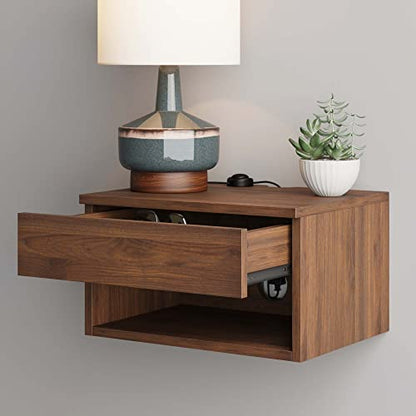 Nathan James Jackson Wall Mounted Floating Bedroom Nightstand with Storage Drawer and Modern Open Shelf Cubby Set of 2, Dark Brown Walnut - color: Brown Walnut, size: Set of 2