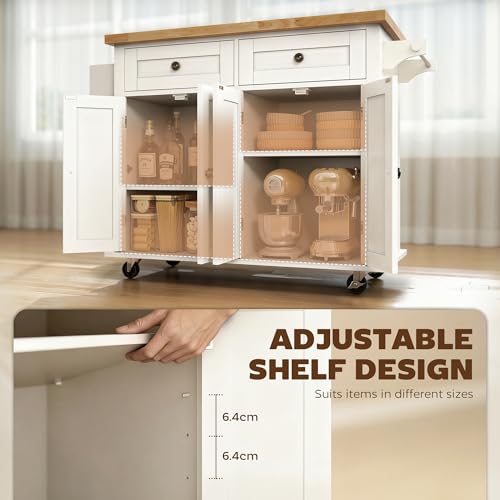 HOMCOM Kitchen Island Cart with Solid Wood Top, 44" Mobile on Wheels White | Kitchen Island Table, Storage Cabinets, 2 Drawers, Adjustable Shelves, Spice Rack, Towel Bar, Dining Room - color: White