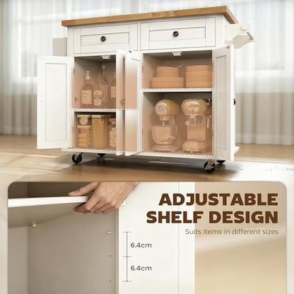 HOMCOM Kitchen Island Cart with Solid Wood Top, 44" Mobile on Wheels White | Kitchen Island Table, Storage Cabinets, 2 Drawers, Adjustable Shelves, Spice Rack, Towel Bar, Dining Room - color: White