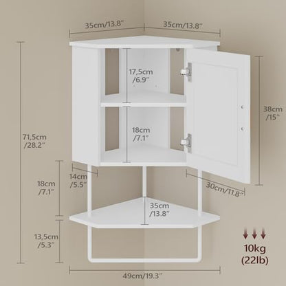 MAHANCRIS Bathroom Wall Cabinet, Corner Wall Mount Medicine Cabinet with Adjustable Shelf & Towel Bar, 3-Tier Over Toilet Storage Cabinets for Bathroom Laundry Room Kitchen, for Small Space, White